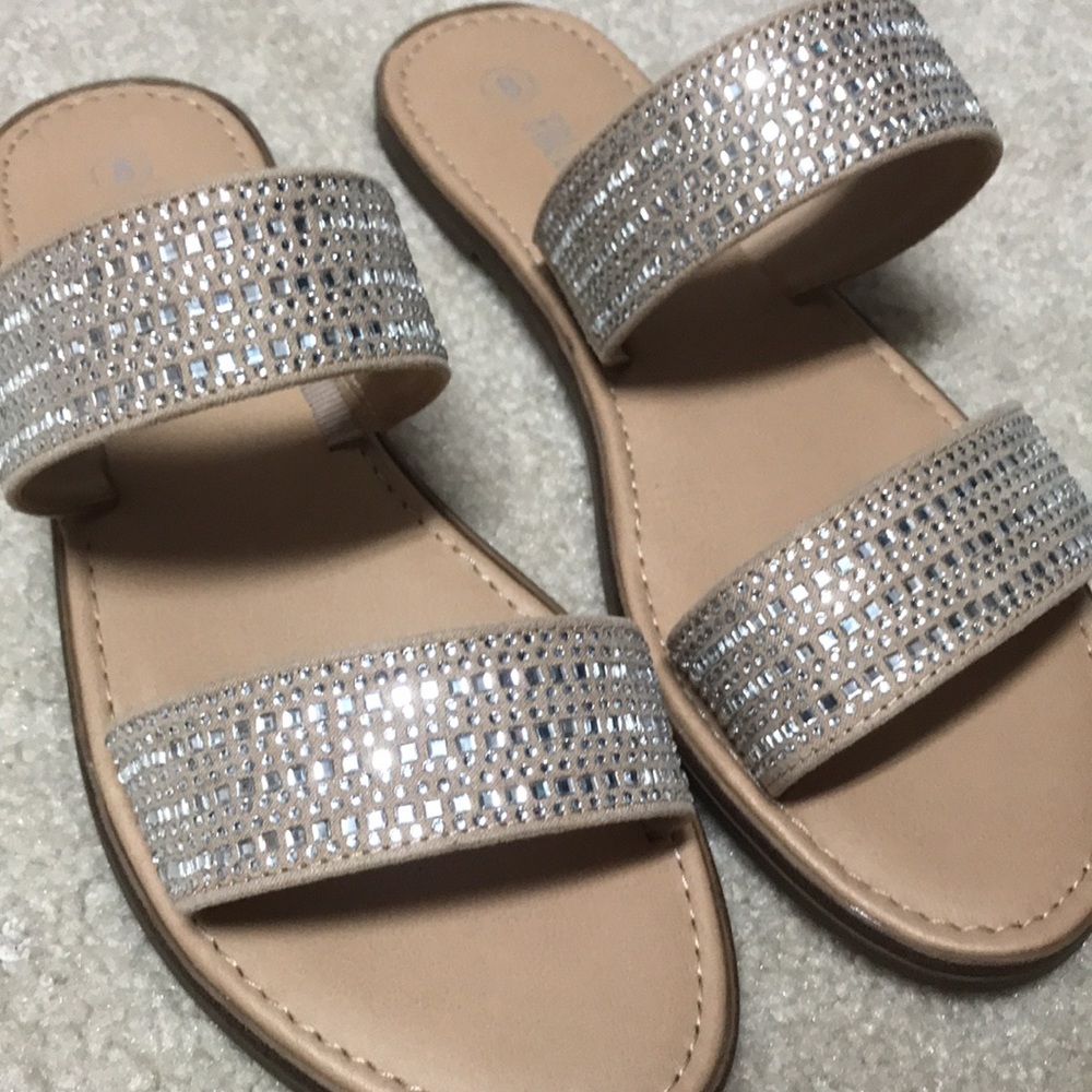 NWOT Blinged Beige Slide-on Sandals